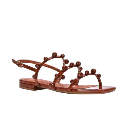 Brown - Side - XY London Womens-Ladies Pamela Patent Strappy Beaded Flat Sandals