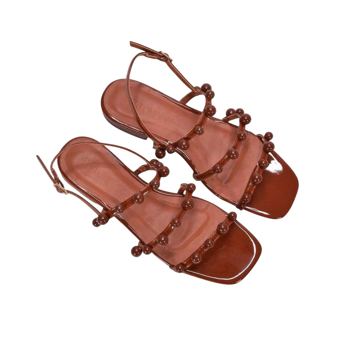 Brown - Lifestyle - XY London Womens-Ladies Pamela Patent Strappy Beaded Flat Sandals