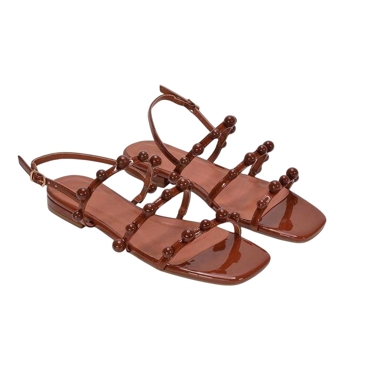Brown - Pack Shot - XY London Womens-Ladies Pamela Patent Strappy Beaded Flat Sandals