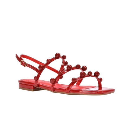 Red - Side - XY London Womens-Ladies Pamela Patent Strappy Beaded Flat Sandals