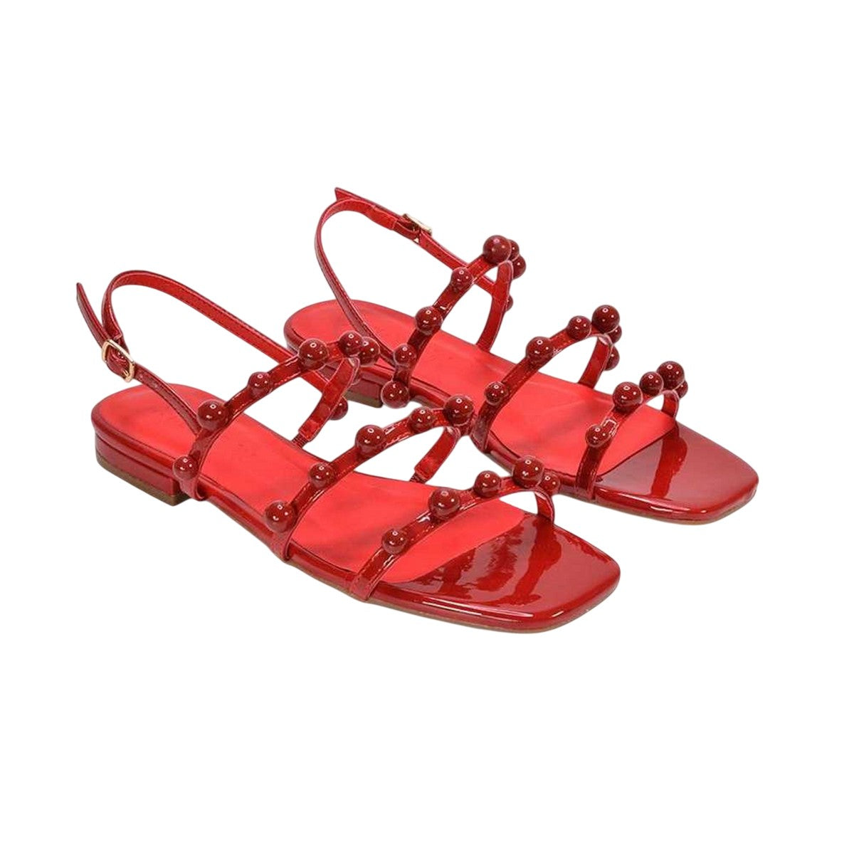 Red - Pack Shot - XY London Womens-Ladies Pamela Patent Strappy Beaded Flat Sandals