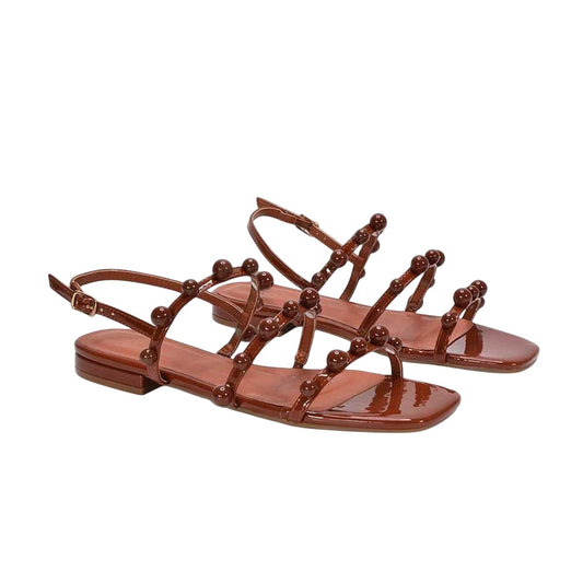 Brown - Front - XY London Womens-Ladies Pamela Patent Strappy Beaded Flat Sandals