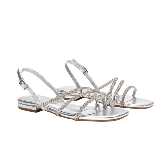 Metallic Silver - Front - XY London Womens-Ladies Abigale Diamante Metallic Sling Back Sandals