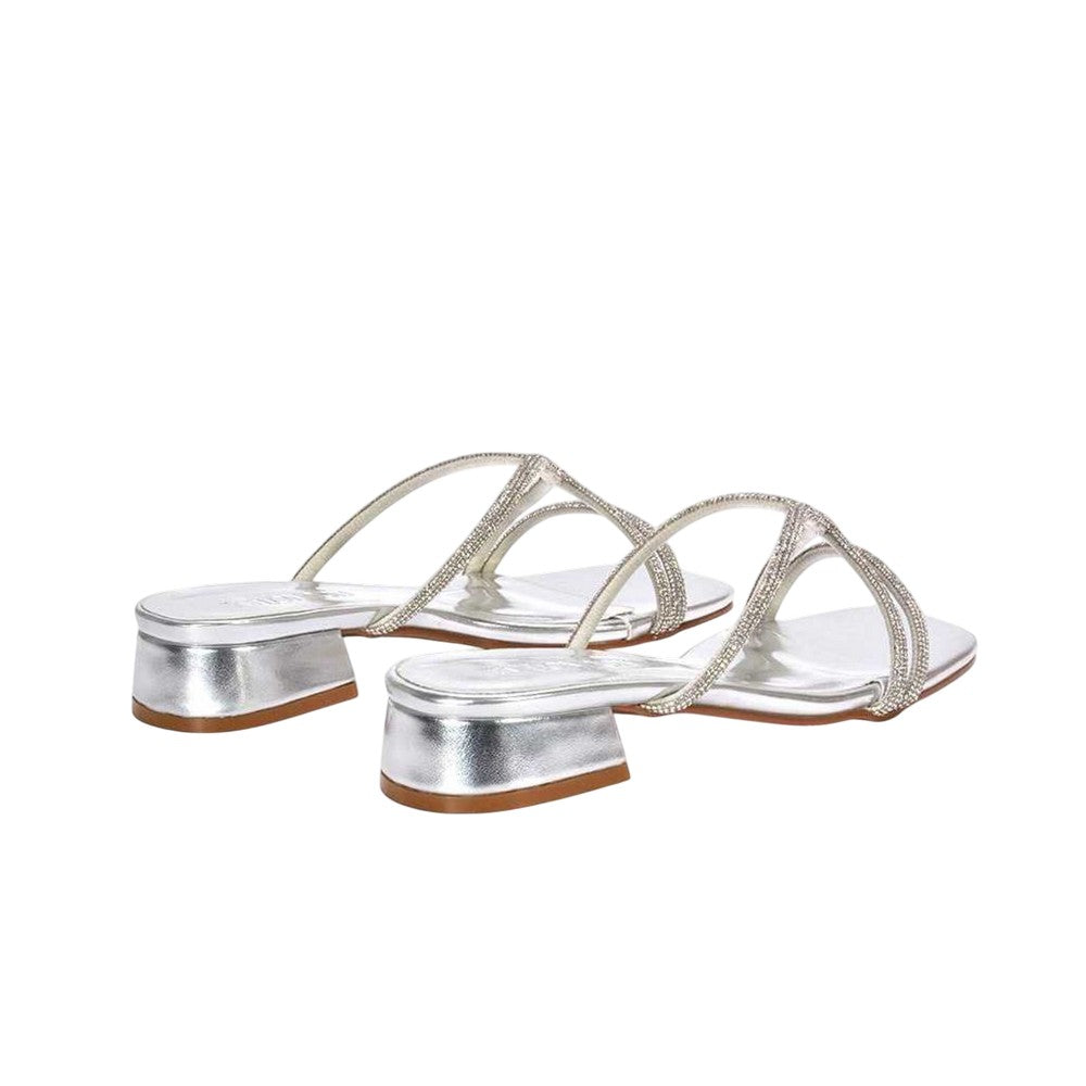 Metallic Silver - Back - XY London Womens-Ladies Olivia Diamante Metallic Low Block Heel Sandals