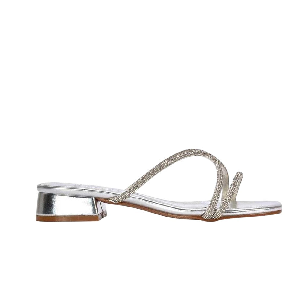 Metallic Silver - Side - XY London Womens-Ladies Olivia Diamante Metallic Low Block Heel Sandals