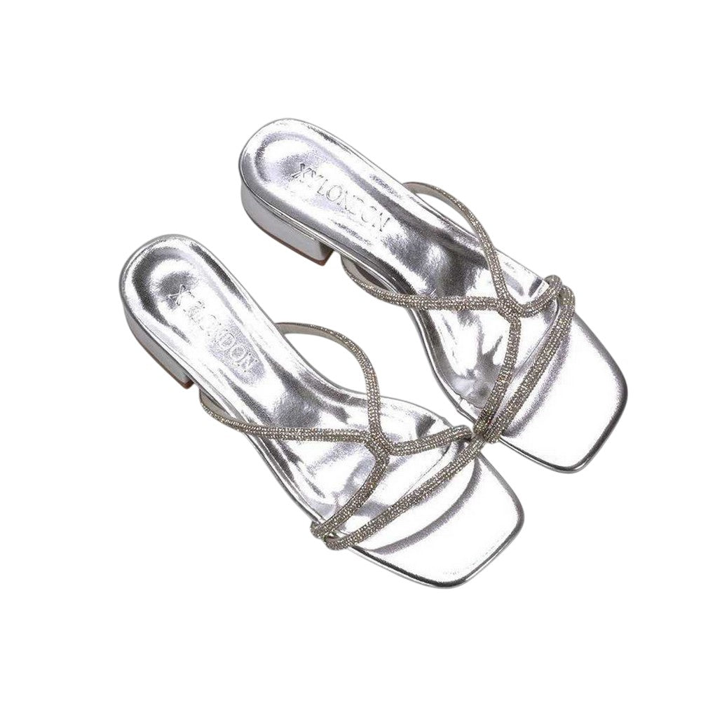 Metallic Silver - Pack Shot - XY London Womens-Ladies Olivia Diamante Metallic Low Block Heel Sandals