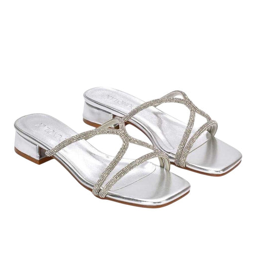 Metallic Silver - Front - XY London Womens-Ladies Olivia Diamante Metallic Low Block Heel Sandals