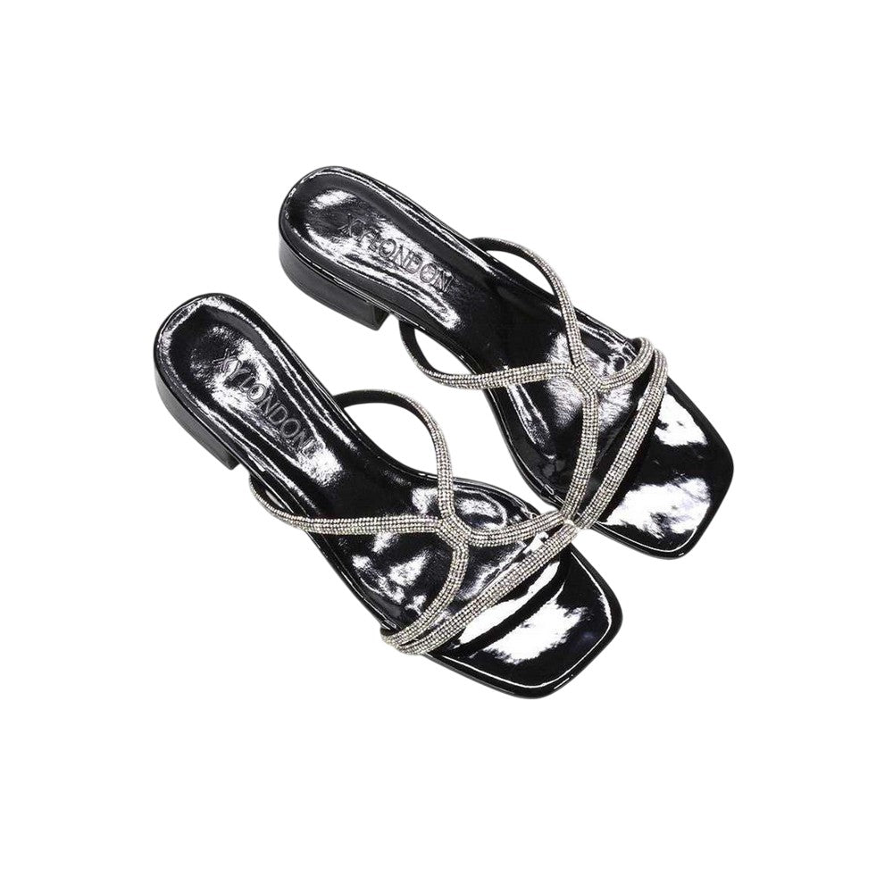 True Black - Pack Shot - XY London Womens-Ladies Olivia Patent Strappy Low Block Heel Sandals