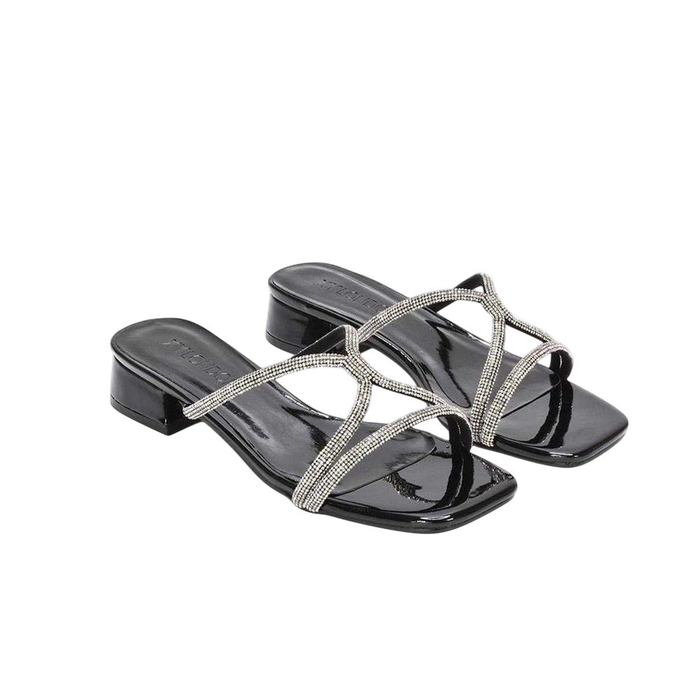 True Black - Front - XY London Womens-Ladies Olivia Patent Strappy Low Block Heel Sandals