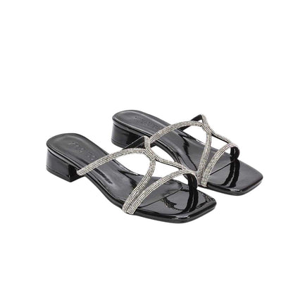 True Black - Front - XY London Womens-Ladies Olivia Patent Strappy Low Block Heel Sandals