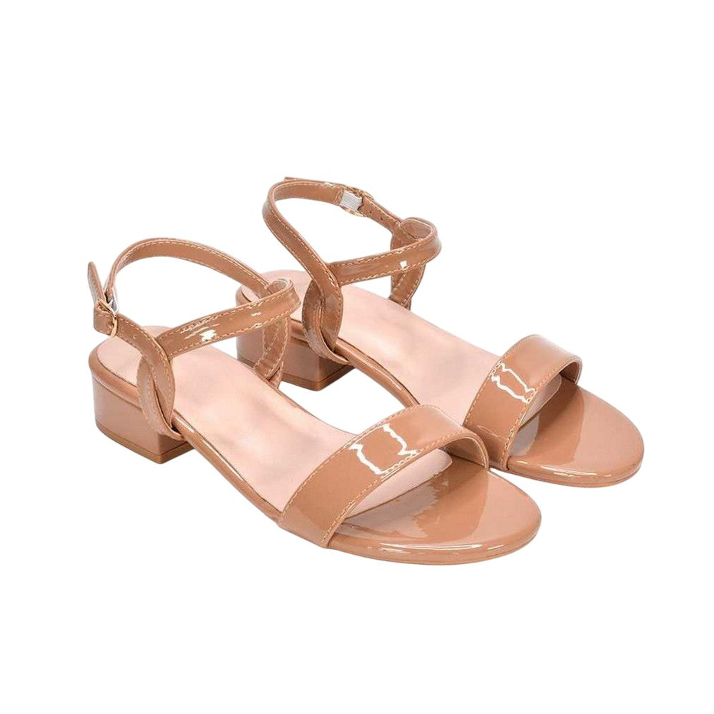 Taupe - Front - XY London Womens-Ladies Moana Patent Low Block Heel Sandals