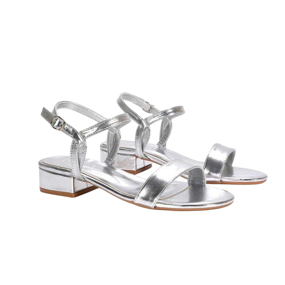 Metallic Silver - Pack Shot - XY London Womens-Ladies Moana Metallic Low Block Heel Sandals