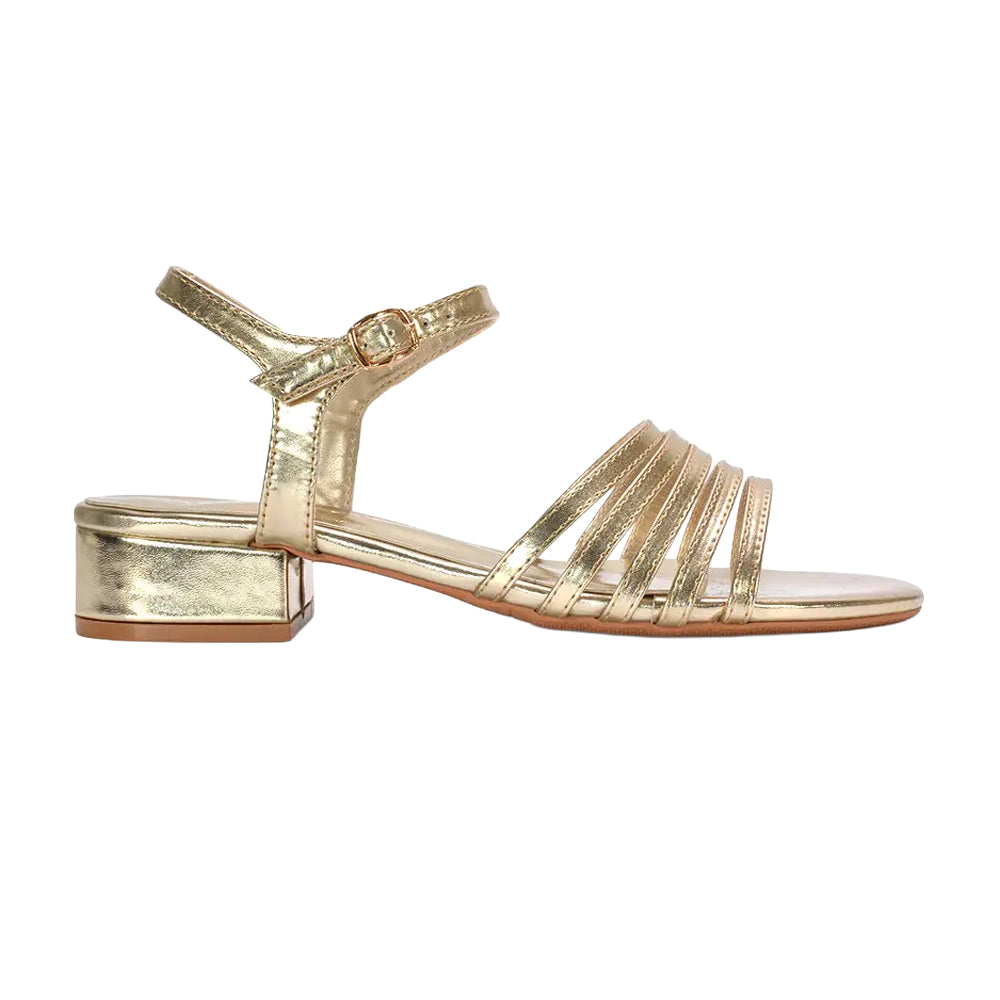 Metallic Gold - Side - XY London Womens-Ladies Katie Metallic Low Block Heel Sandals