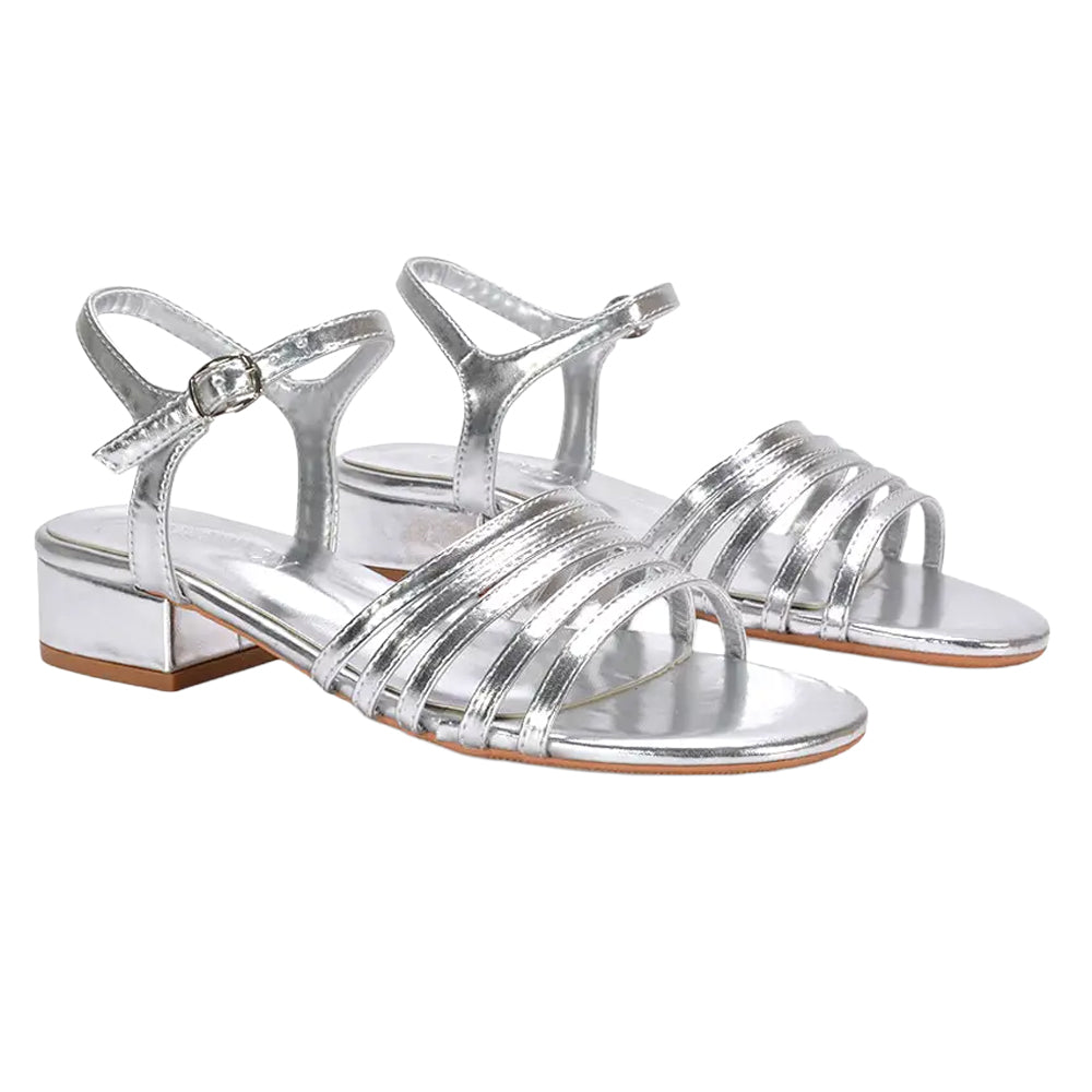 Metallic Silver - Front - XY London Womens-Ladies Katie Metallic Low Block Heel Sandals