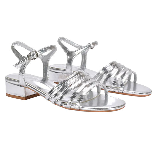 Metallic Silver - Front - XY London Womens-Ladies Katie Metallic Low Block Heel Sandals