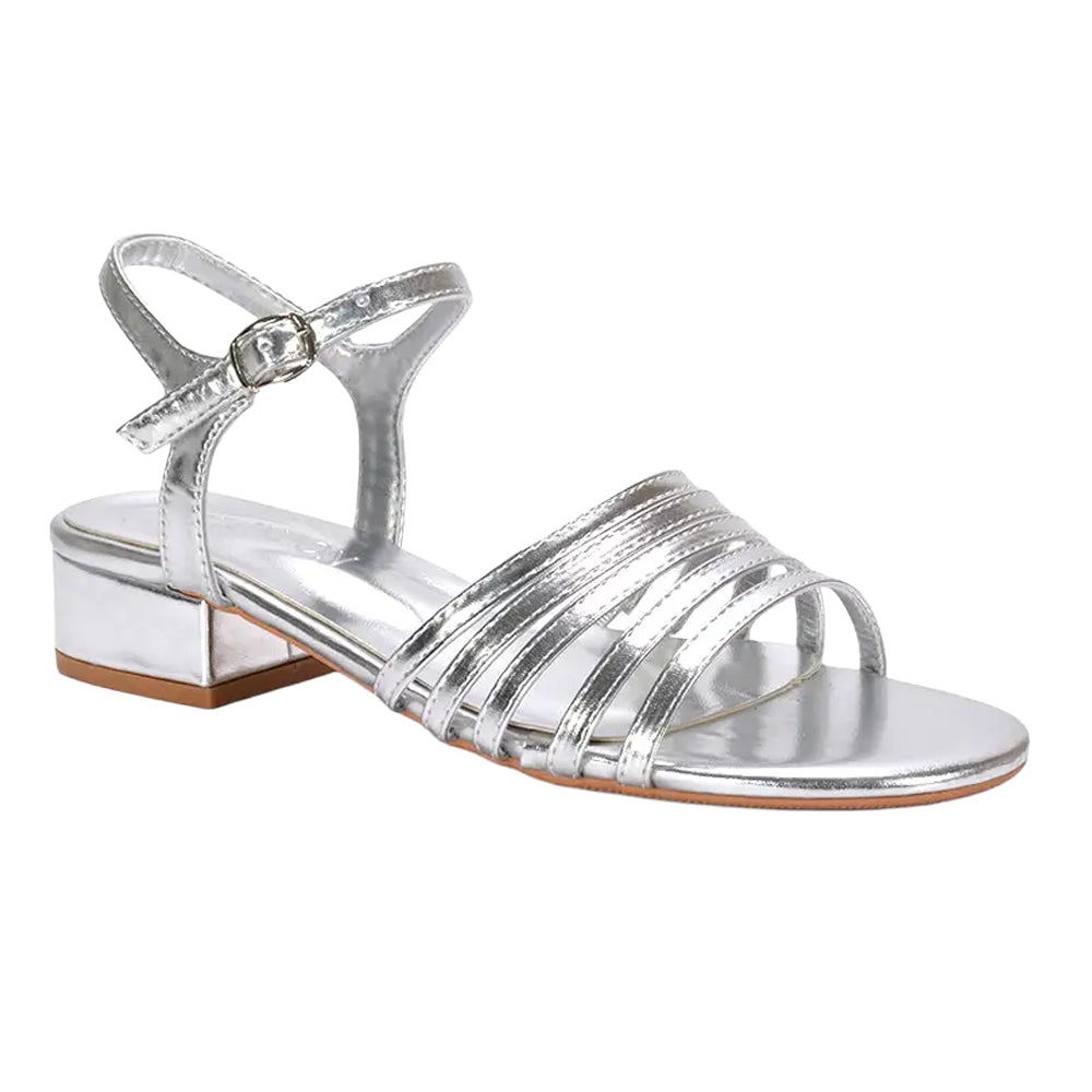 Metallic Silver - Side - XY London Womens-Ladies Katie Metallic Low Block Heel Sandals