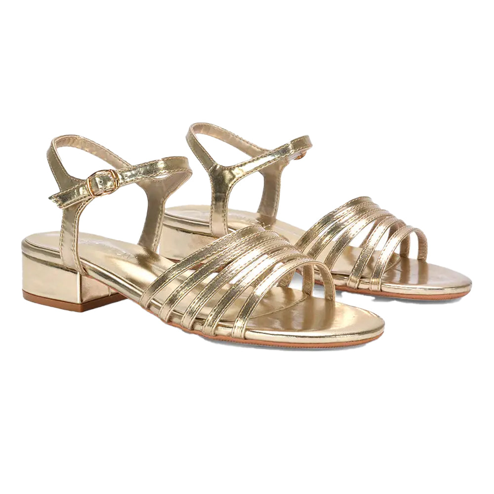 Metallic Gold - Front - XY London Womens-Ladies Katie Metallic Low Block Heel Sandals
