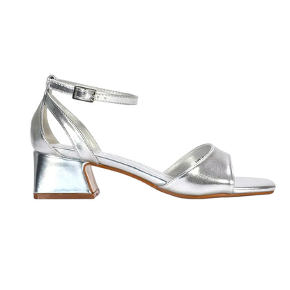 Metallic Silver - Side - XY London Womens-Ladies Hayley Cut Out Metallic Strappy Low Block Heel Sandals