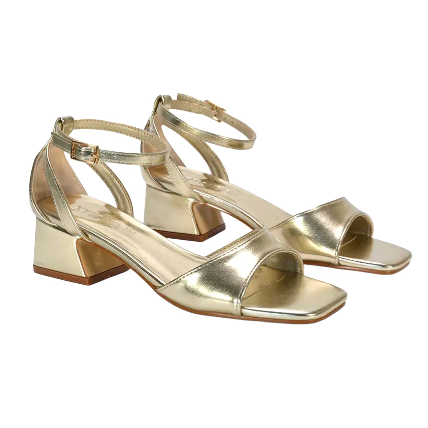 Metallic Gold - Front - XY London Womens-Ladies Hayley Cut Out Metallic Strappy Low Block Heel Sandals