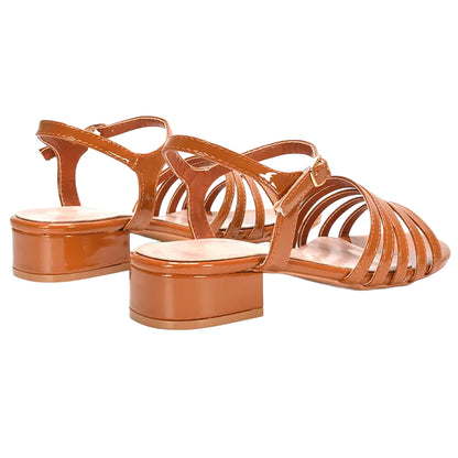 Brown - Back - XY London Womens-Ladies Katie Patent Open Toe Low Heel Sandals