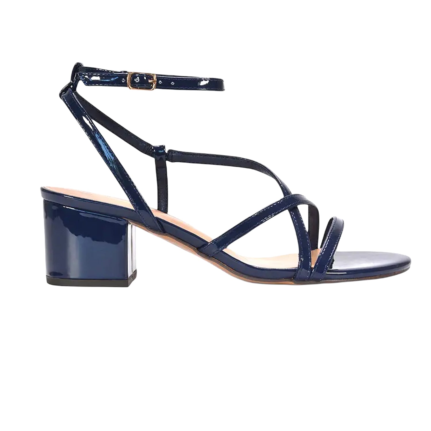 Navy - Side - XY London Womens-Ladies Maria Patent Strappy Block Heel Sandals