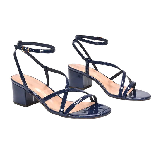 Navy - Front - XY London Womens-Ladies Maria Patent Strappy Block Heel Sandals