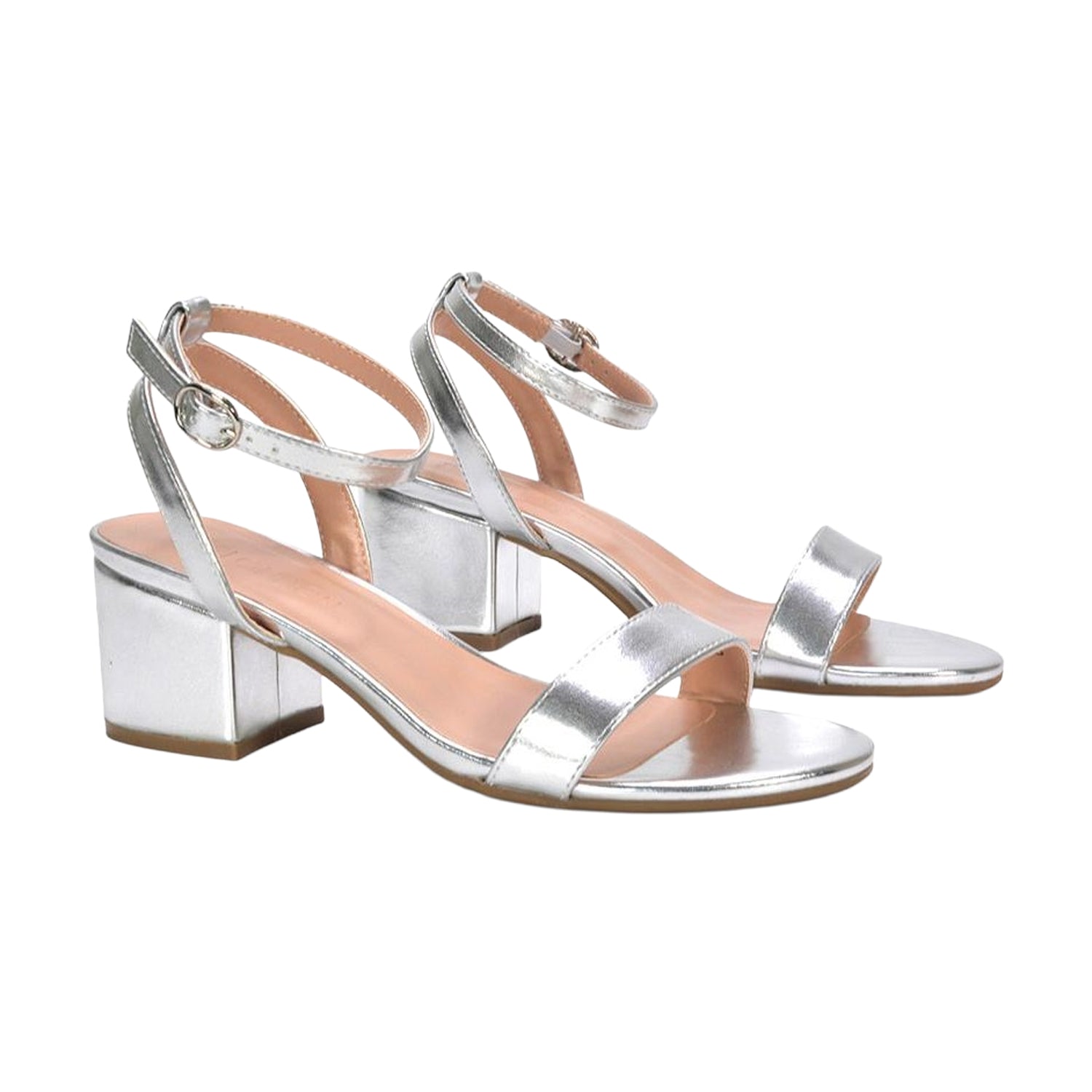 Metallic Silver - Front - XY London Womens-Ladies Gemma Metallic Strappy Low Block Heel Sandals