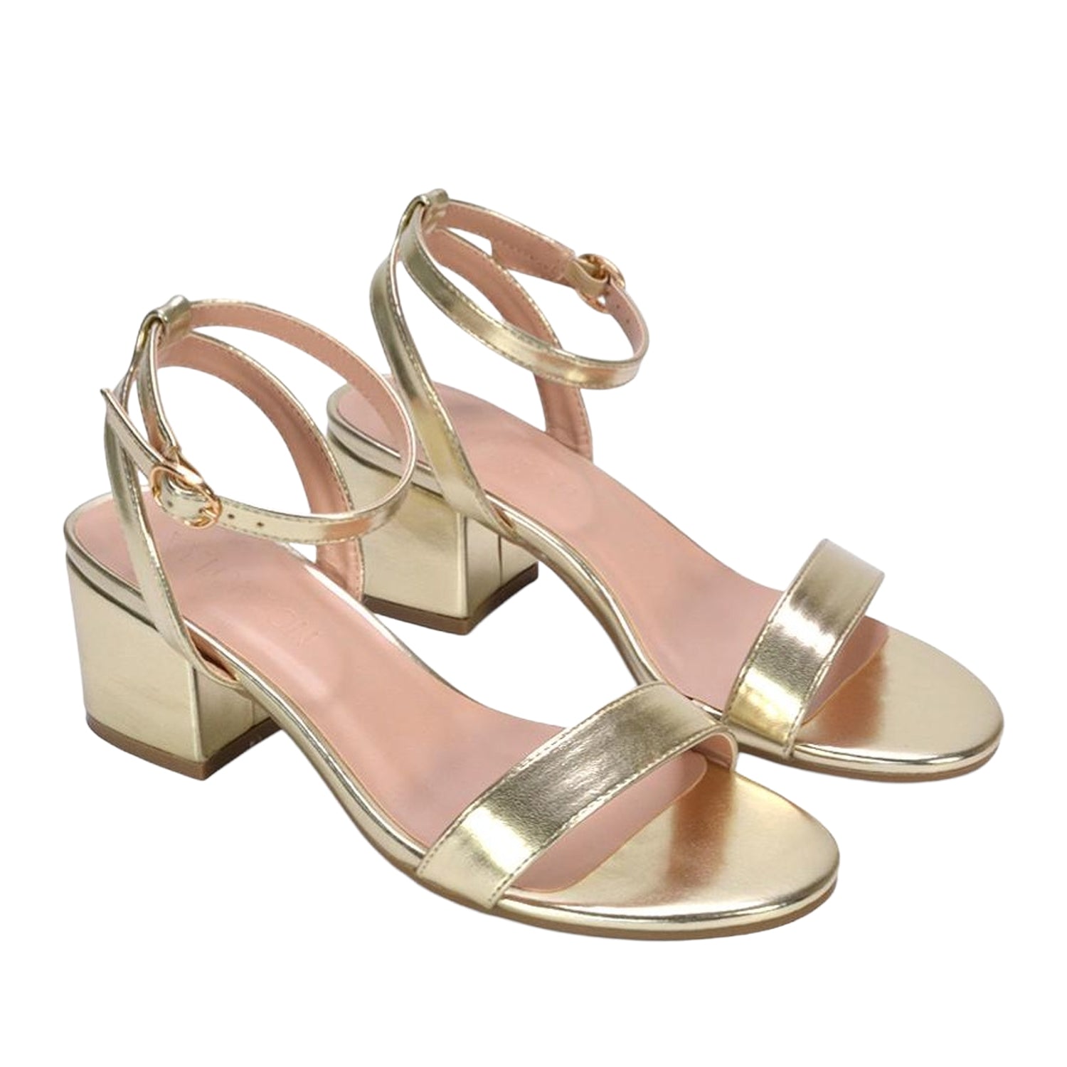 Metallic Gold - Front - XY London Womens-Ladies Gemma Metallic Strappy Low Block Heel Sandals