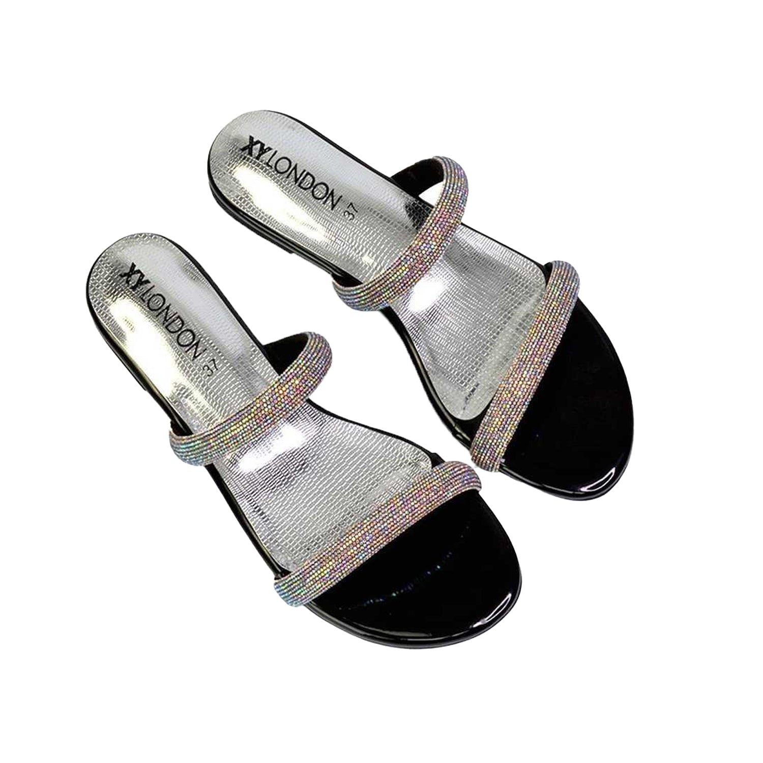 Black-Silver - Side - XY London Womens-Ladies Hope Diamante Sparkly Slip-on Bridal Sandals