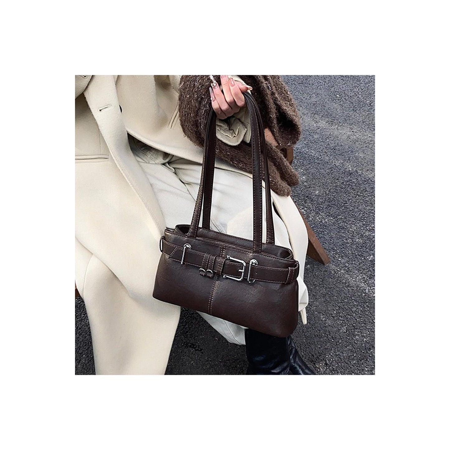 Brown - Side - XY London Womens-Ladies Josephine Belted Shoulder Bag