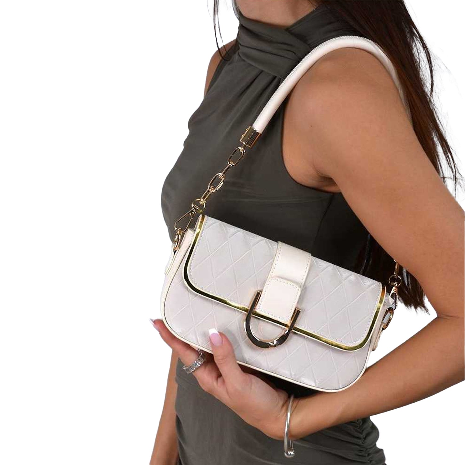 Beige - Back - XY London Womens-Ladies Myla Quilted Chain Strap Shoulder Bag