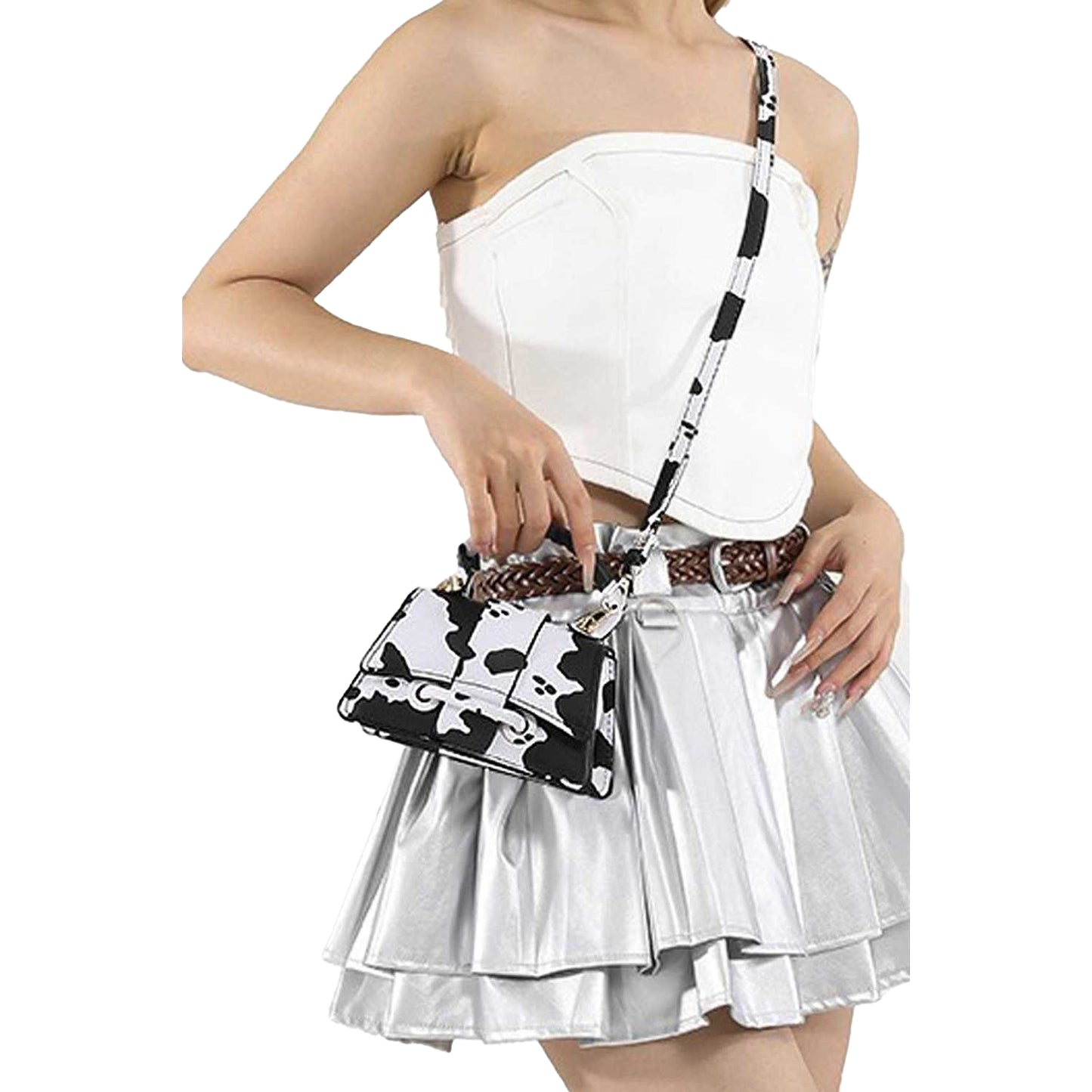 Off White-Black - Side - XY London Womens-Ladies Felicia Cow Print Mini Handbag