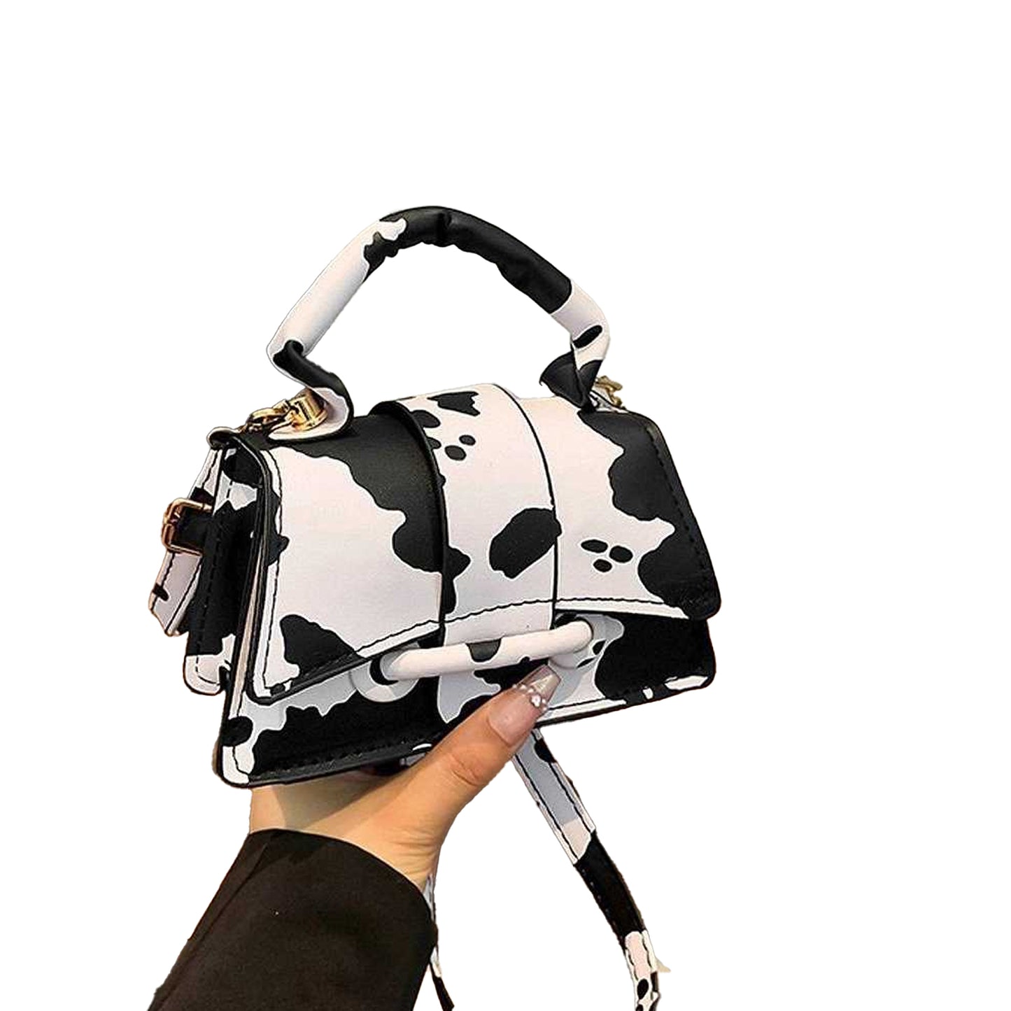 Off White-Black - Front - XY London Womens-Ladies Felicia Cow Print Mini Handbag