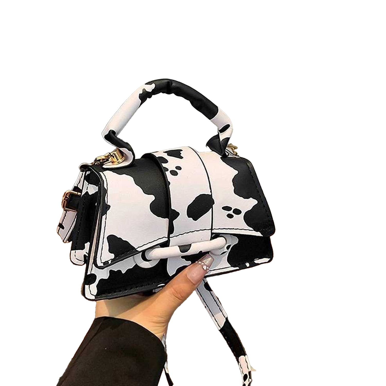 Off White-Black - Front - XY London Womens-Ladies Felicia Cow Print Mini Handbag