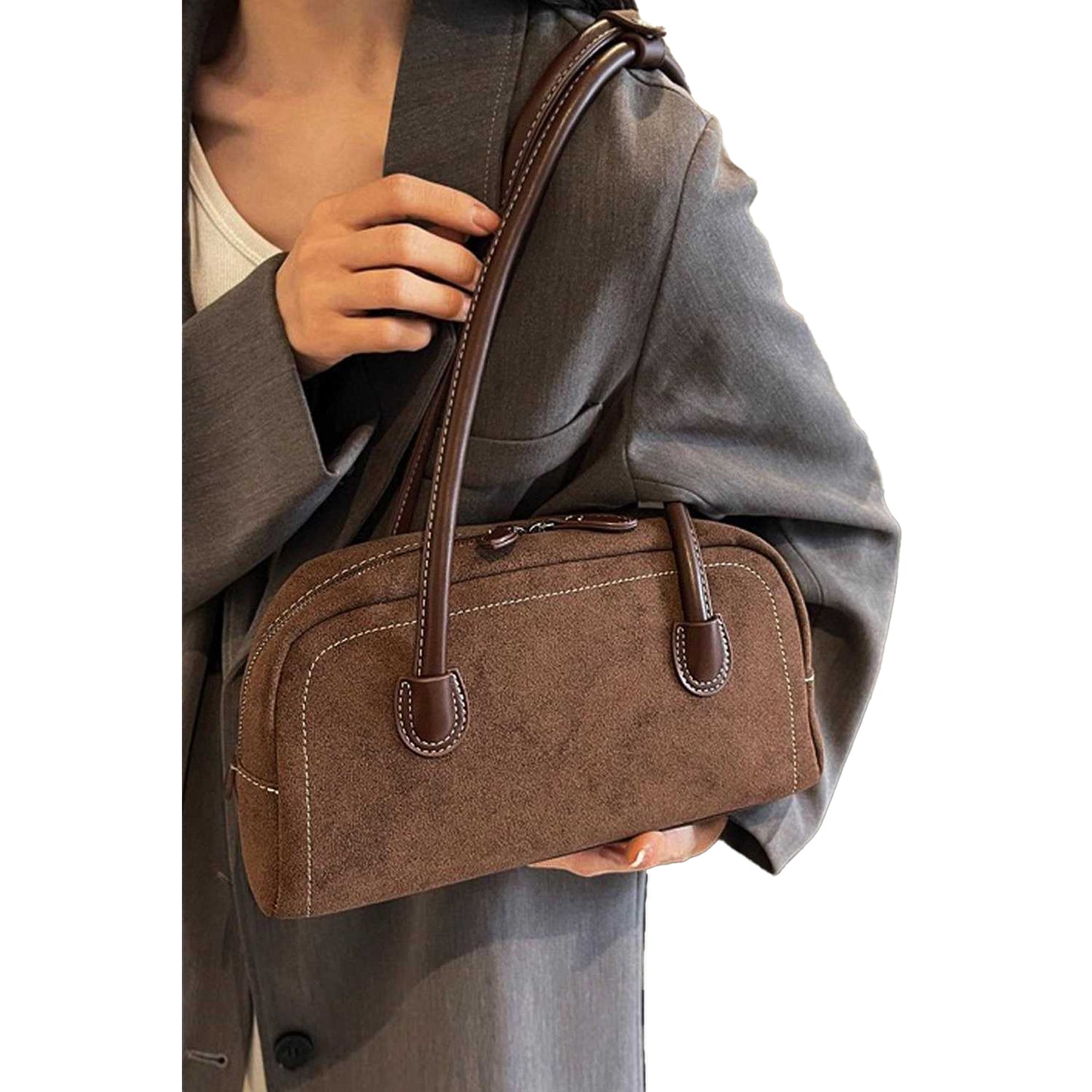 Brown - Side - XY London Ashden Faux Suede Handbag