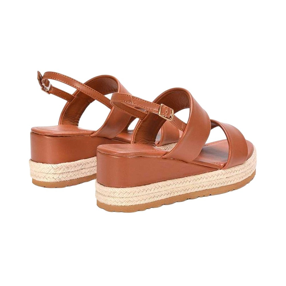 Tan - Back - XY London Womens-Ladies Ally Sling Back Low Heel Wedge Sandals
