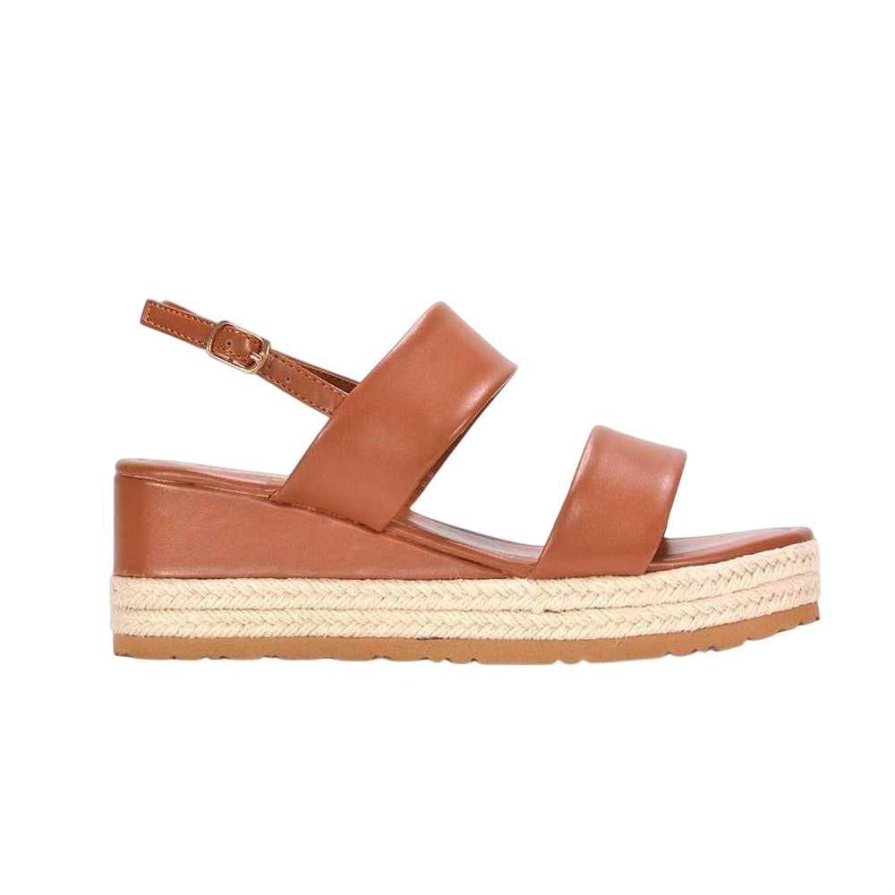 Tan - Side - XY London Womens-Ladies Ally Sling Back Low Heel Wedge Sandals