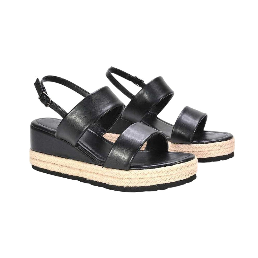 Black - Front - XY London Womens-Ladies Ally Sling Back Low Heel Wedge Sandals