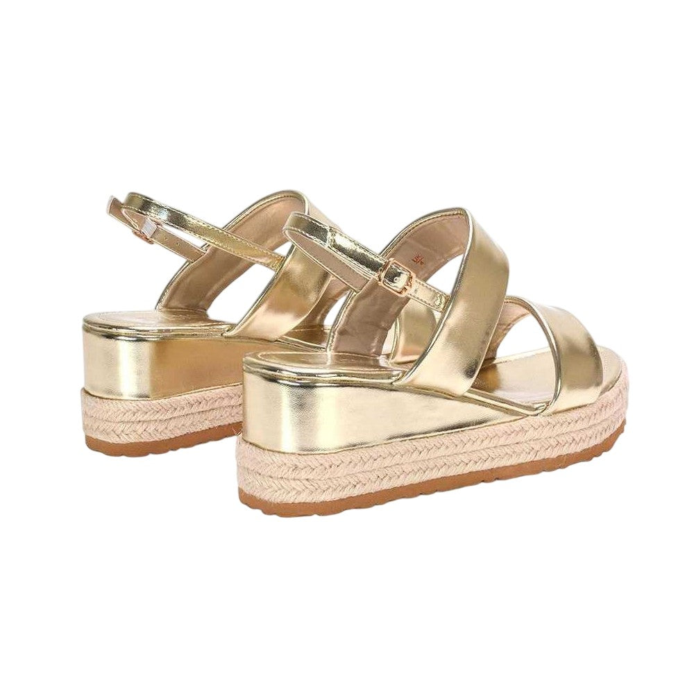 Metallic Gold - Back - XY London Womens-Ladies Ally Metallic Low Heel Wedge Sandals