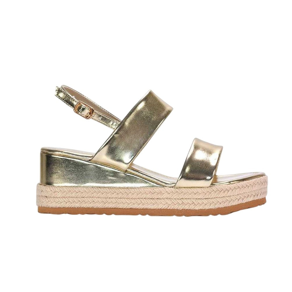 Metallic Gold - Side - XY London Womens-Ladies Ally Metallic Low Heel Wedge Sandals