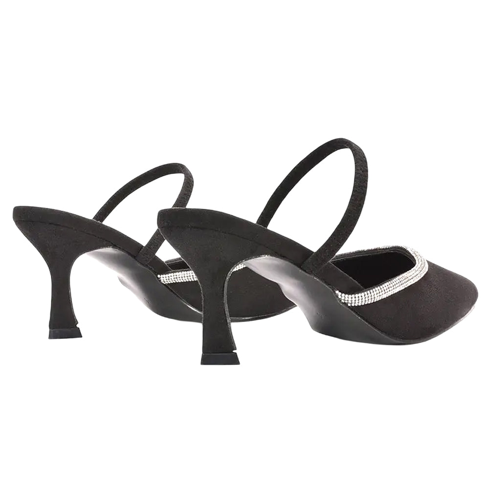 Jet Black - Back - XY London Womens-Ladies Carlene Diamante Trim Pointed Mid Stiletto Court Pumps