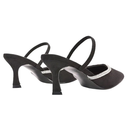 Jet Black - Back - XY London Womens-Ladies Carlene Diamante Trim Pointed Mid Stiletto Court Pumps