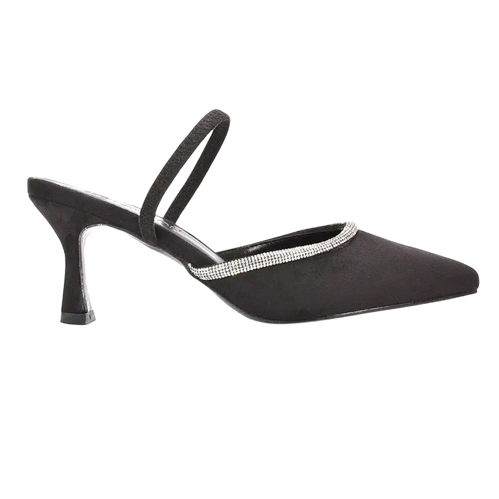 Jet Black - Side - XY London Womens-Ladies Carlene Diamante Trim Pointed Mid Stiletto Court Pumps