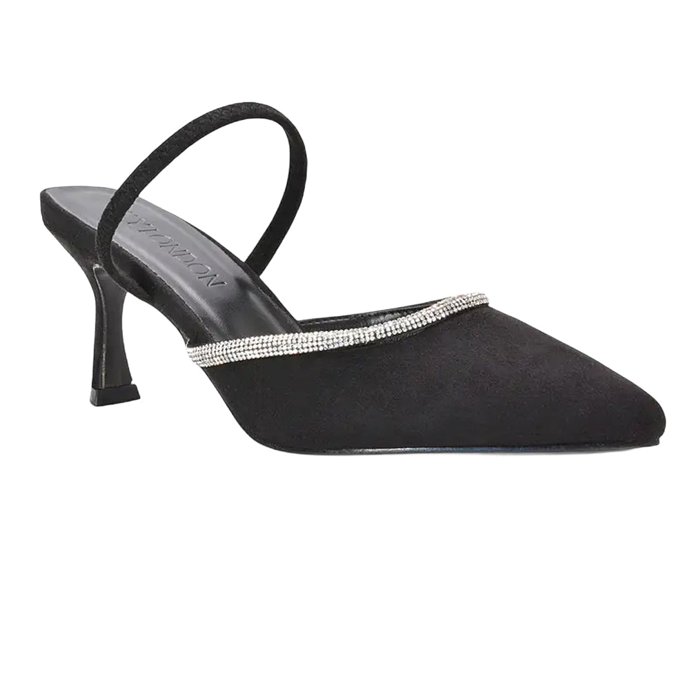 Jet Black - Lifestyle - XY London Womens-Ladies Carlene Diamante Trim Pointed Mid Stiletto Court Pumps