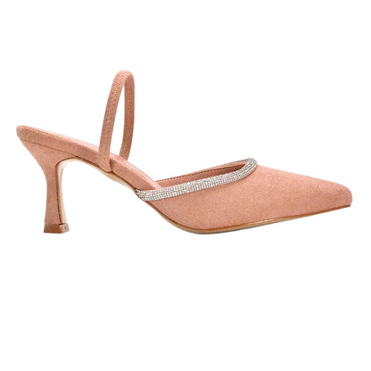 Natural - Side - XY London Womens-Ladies Carlene Diamante Trim Pointed Mid Stiletto Court Pumps