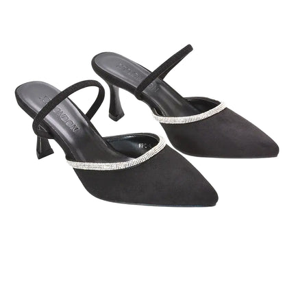 Jet Black - Front - XY London Womens-Ladies Carlene Diamante Trim Pointed Mid Stiletto Court Pumps