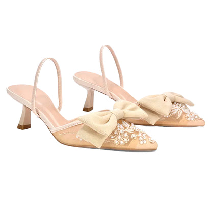 Nude - Front - XY London Womens-Ladies Sara Bow Sling Back Embroidered Sandals