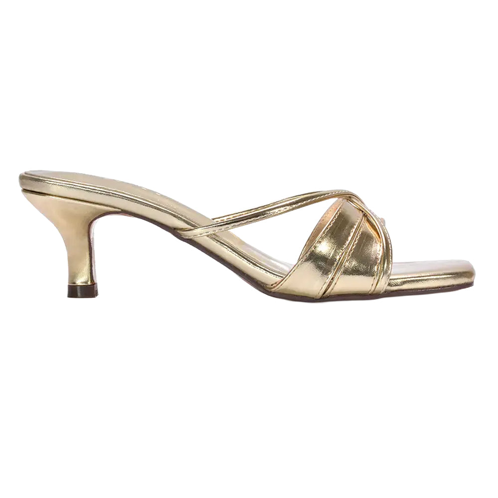 Metallic Gold - Back - XY London Womens-Ladies Claudia Metallic Strappy Mid Kitten Heel Sandals
