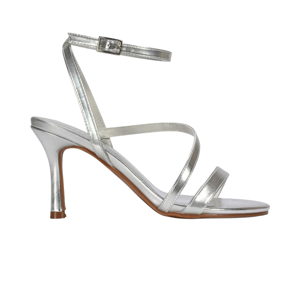 Metallic Silver - Side - XY London Womens-Ladies Sherry Metallic Strappy Stiletto Heel Sandals