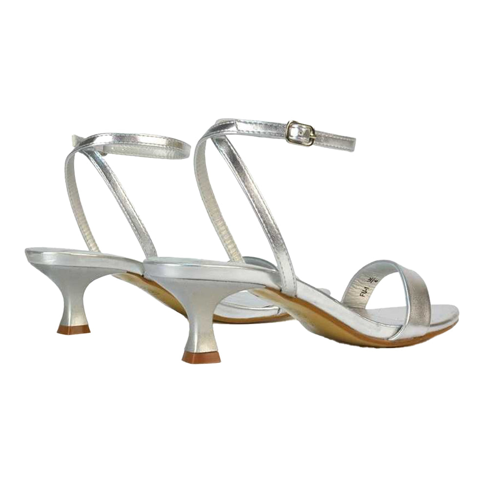 Metallic Silver - Back - XY London Womens-Ladies Antonia Metallic Strappy Low Kitten Heel Sandals